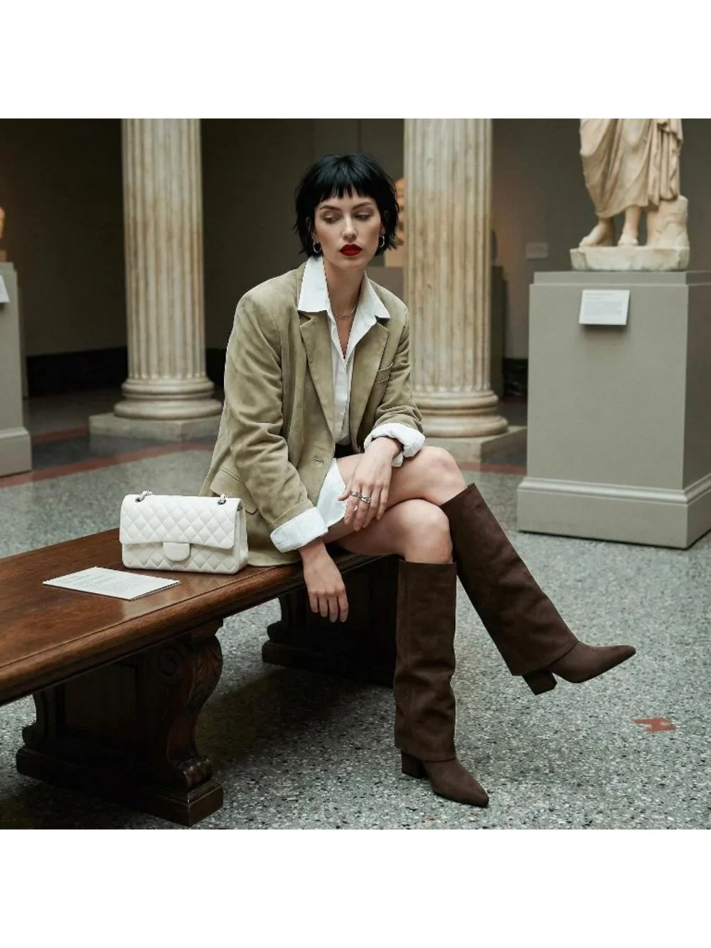 Women's Brown Block Low Heels Knee High Fold Over Pointed Toe Shark Tall Boots